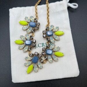 J. Crew Crystal Watchbird Necklace Blue Lime Floral Statement Dust Bag EUC